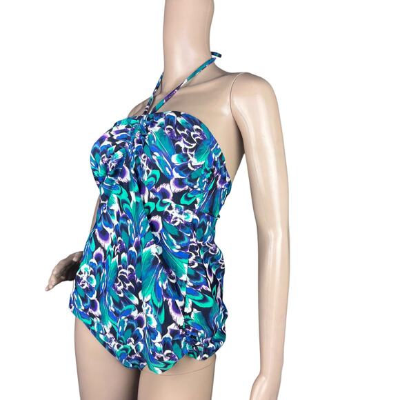 Converse One Star Women Blue Green Feather Print Halter Tankini Swimsuit Top XL - Picture 4 of 11